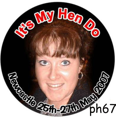 hen night badges. photo badge and rosette centre