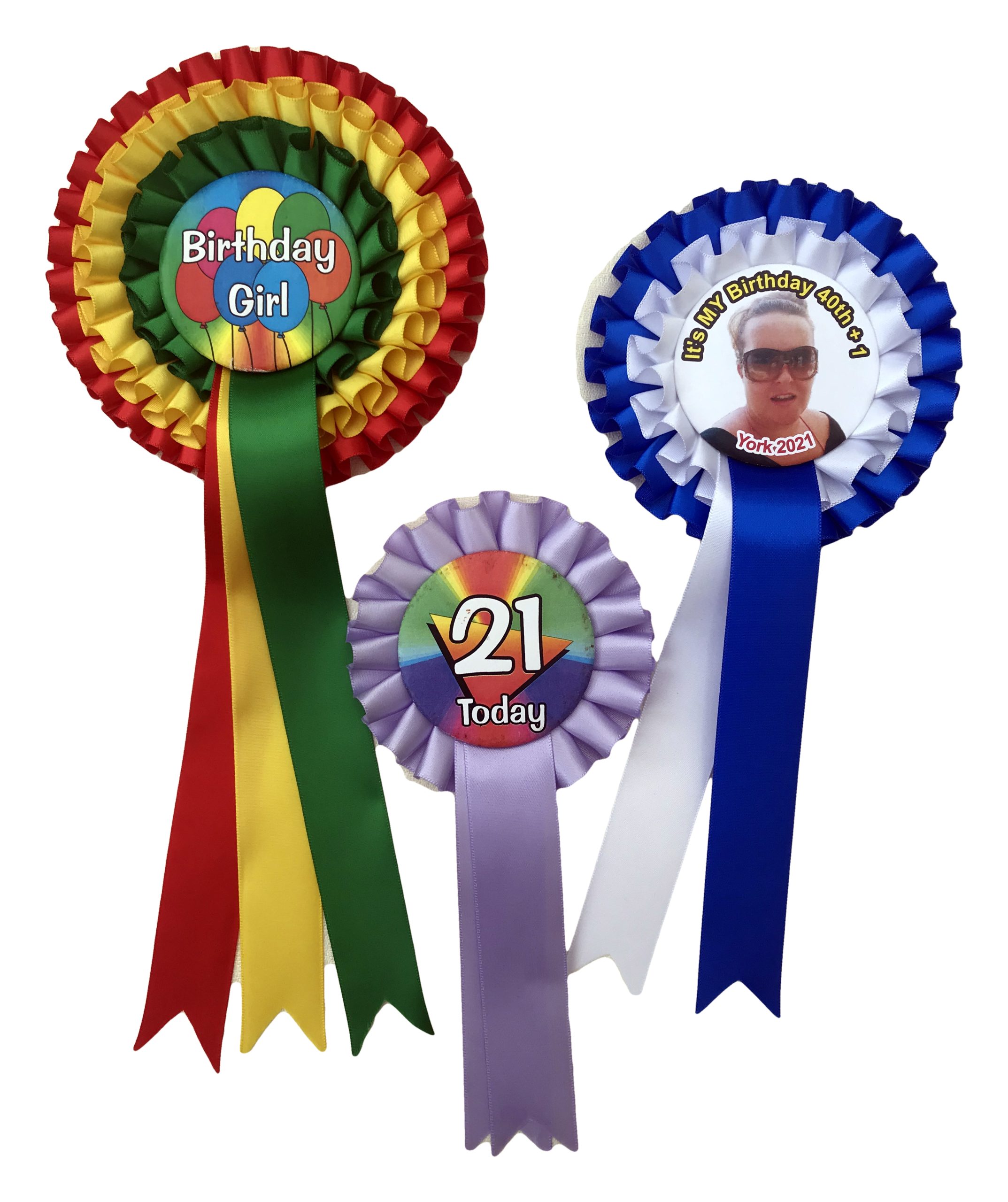 selection of custom birthday rosettes